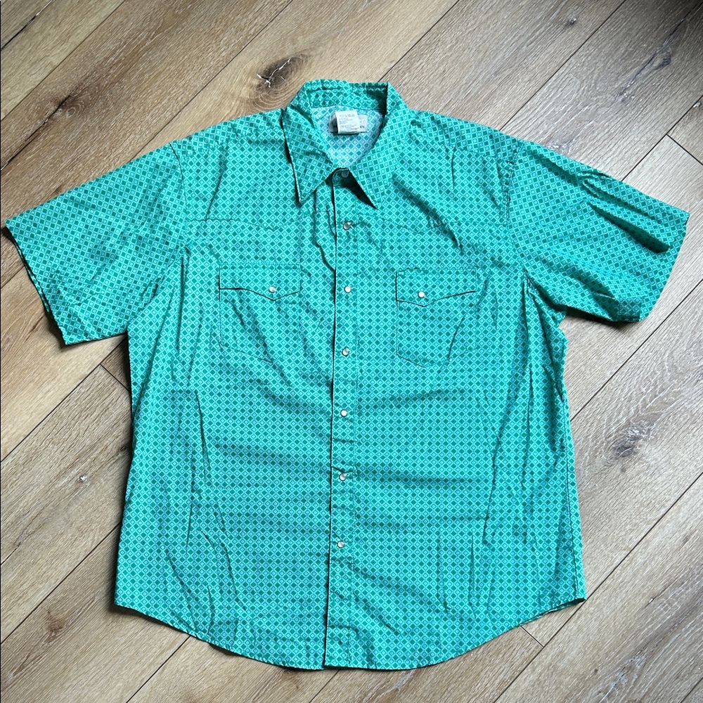 Wrangler Rancher Shirt Mens XL Green Pearl Snap Short Sleeve Western Cowboy